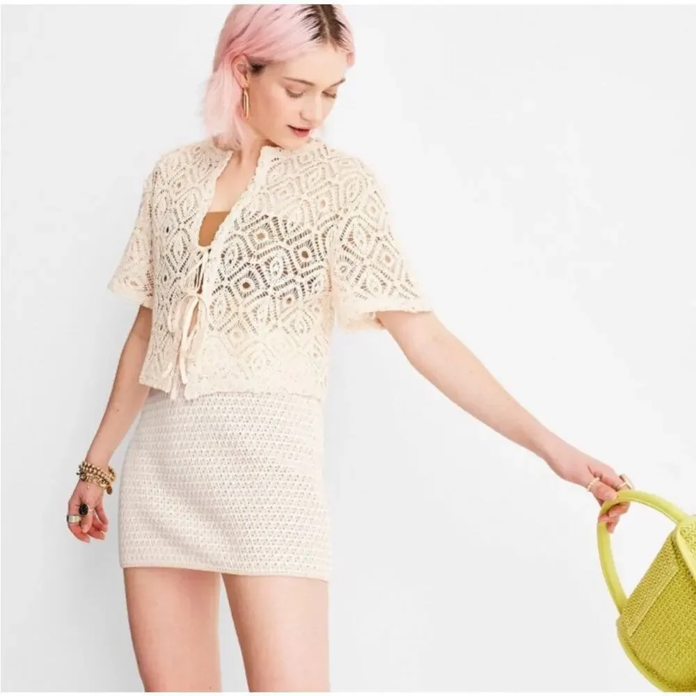 Future Collective Collab Cream/White Crochet Mini Skirt Checkered XXL, NWT